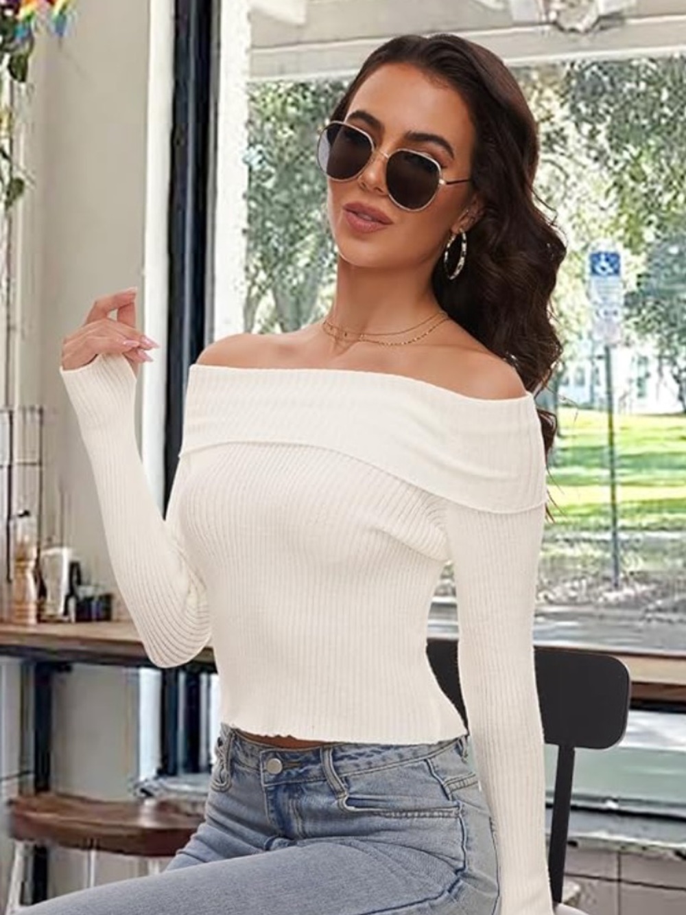 Off-Shoulder Ribbed Sweater Top in Cream